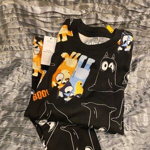 Kids Black Halloween Ghost Print Bluey  Pajama Set with Bluey Characters 12/18M